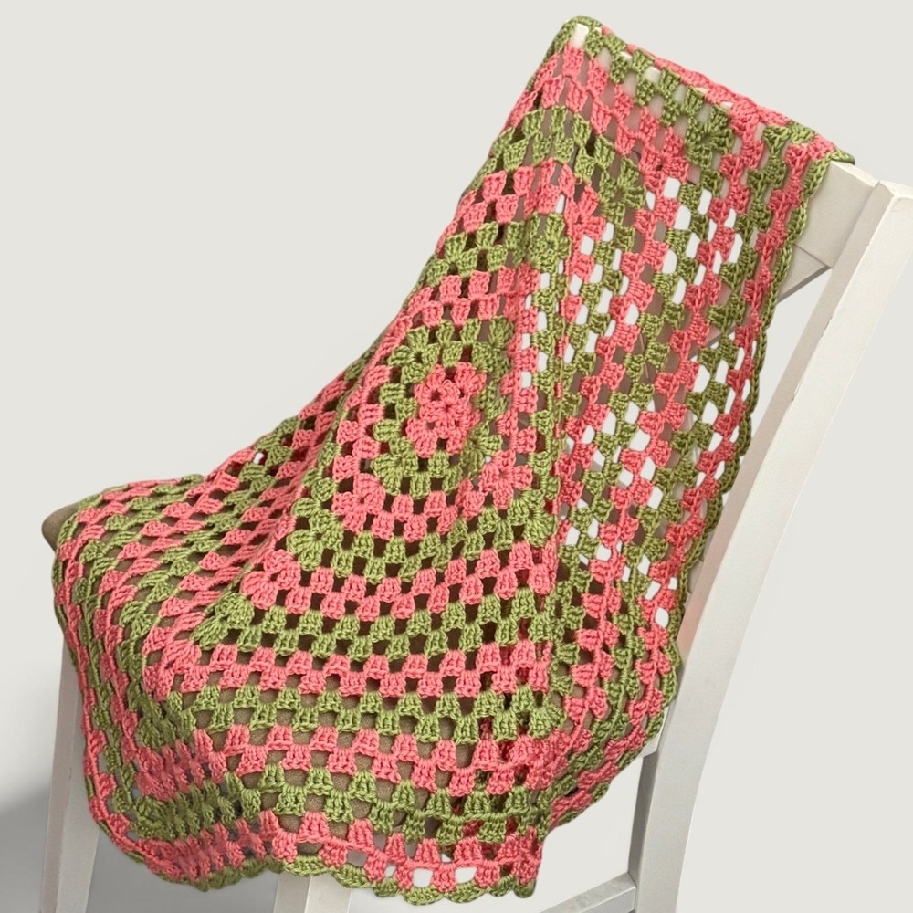 Handmade Pink Green Granny Square Crochet Throw Blanket 29x33 Cottagecore Boho